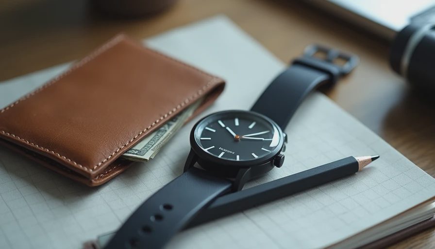 Leather wallet and analog watch resting on a notebook, symbolizing the real cost of time and money