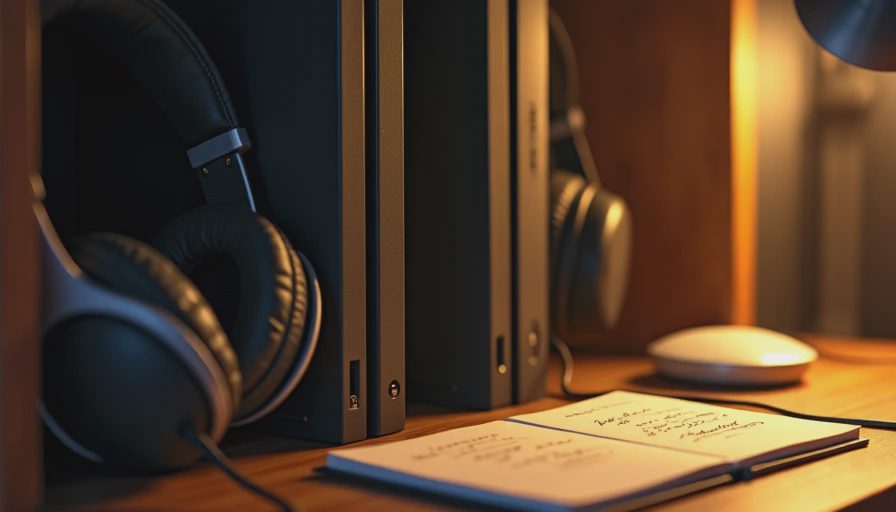 Game cases, open notebook, and headphones on dark wood shelf under warm light