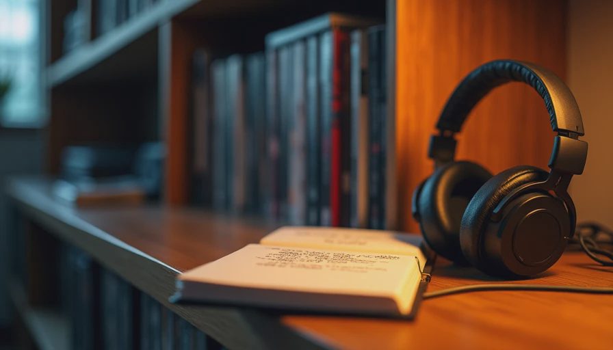 Game case, open notebook, and headphones on dark wood shelf under warm light