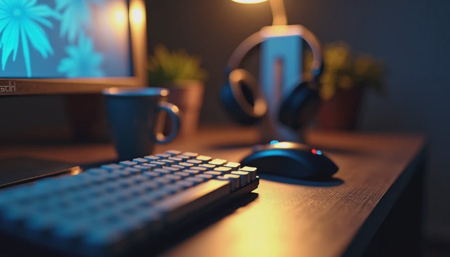 Desk with keyboard, headphones, and closed game case under warm lamp light after a late-night session