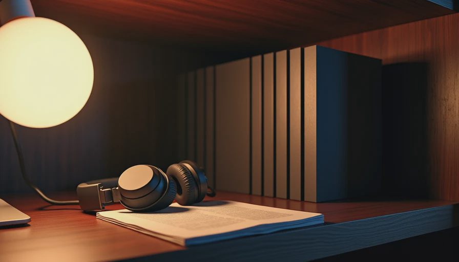 Game cases and folded pages on dark wood shelf with headphones under warm light
