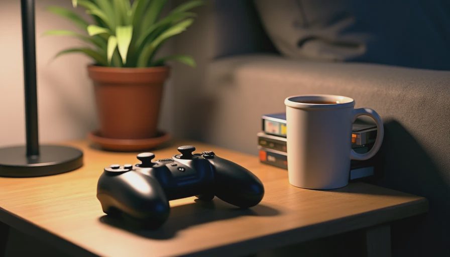 Black controller, empty coffee mug, and game cases on oak side table after a quiet night