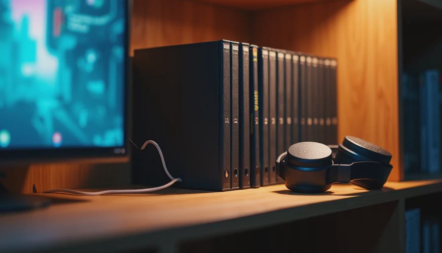 Game cases on dark wood shelf with one space empty and headphones under warm light