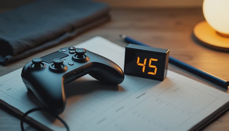 Game controller and 45-minute timer on a notebook representing short play sessions