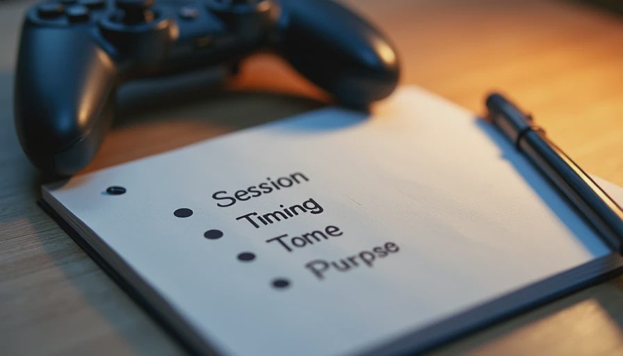 Three index cards labeled Session, Timing, and Purpose next to a game controller