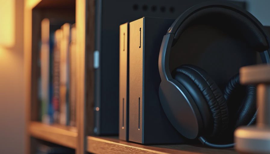 Thin and thick game cases side by side on dark wood shelf with headphones under warm light