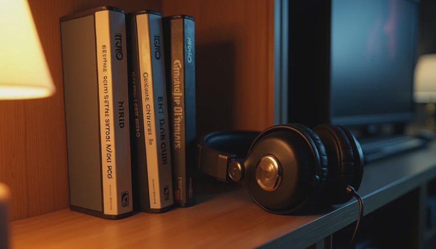 Game cases on a wooden shelf with headphones, one thicker deluxe edition visible under warm light