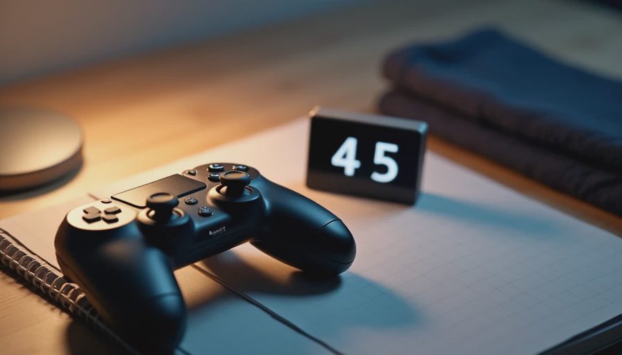 Game controller and 45-minute timer on a notebook for short session play