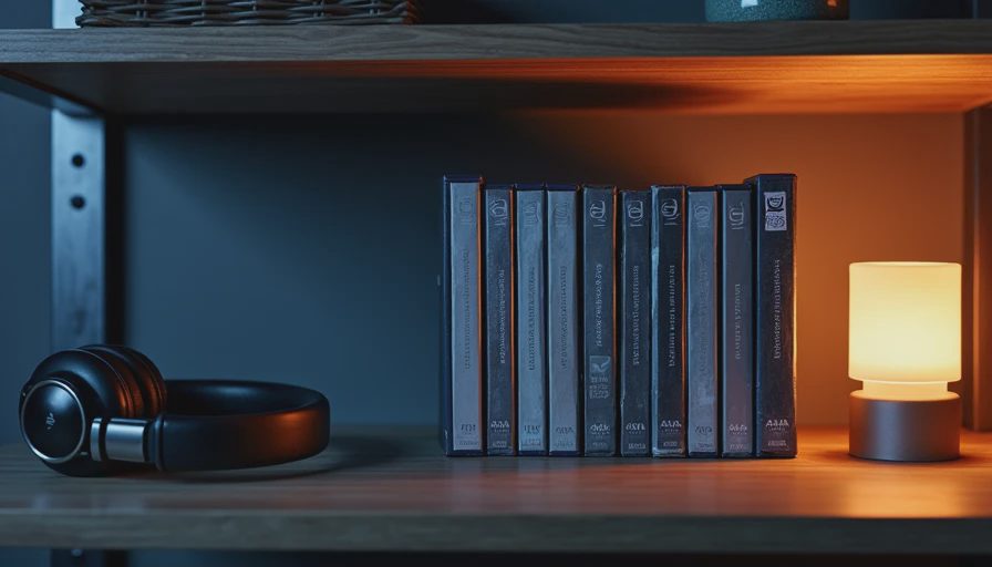 Open game case and headphones on dark walnut shelf under mixed night lighting