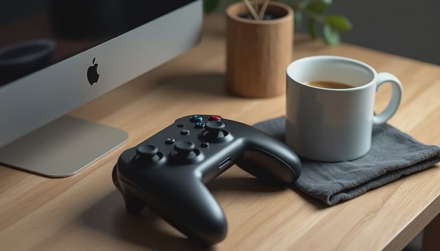 Game controller and coffee mug on a desk after an evening play session