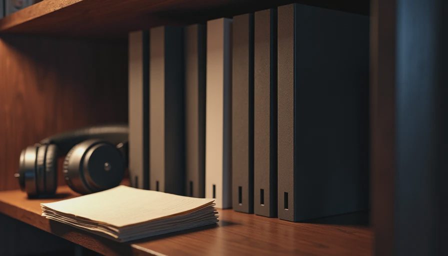 Game cases and folded patch notes on dark wood shelf with headphones under warm light