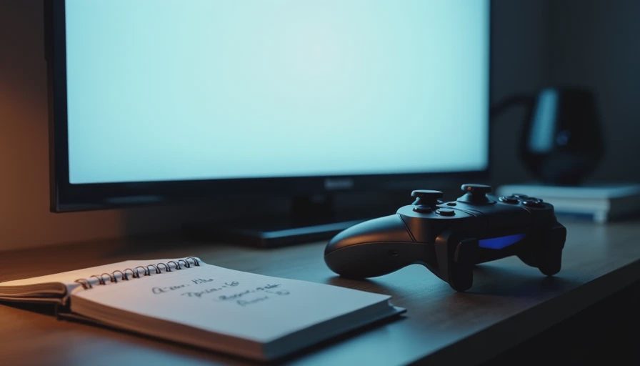 Game case, face-down controller, and open notebook on dark wood stand under mixed night lighting